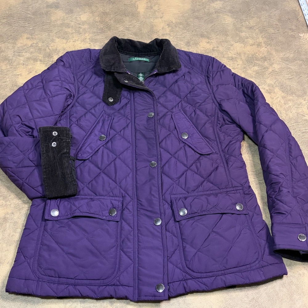 Lauren Ralph Lauren Quilted Jacket Womens MPurple Corduroy Trim Barn Equestrian
